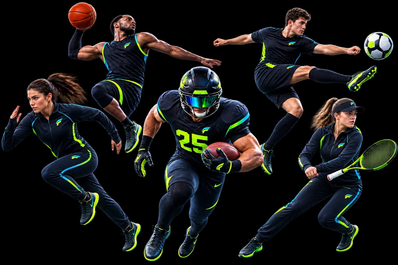 EZ Sports athletes competing in basketball, football, soccer, and tennis